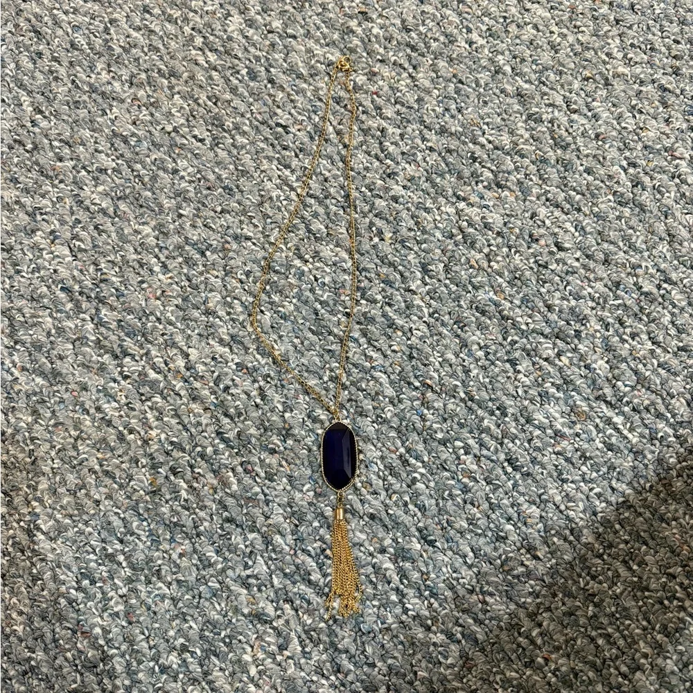 Bright Blue/Gold Necklace 30in Long + Pendant and Tassel - Picture 2 of 8